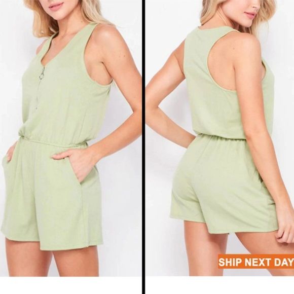 V-Neck French Terry Sleeveless Racerback Romper - Romper - Everyday Romper - Picture 1 of 3